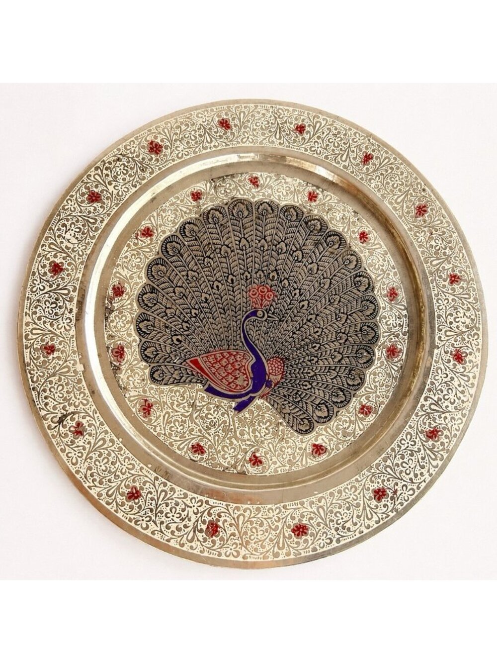 Vintage Metal Brass Silvertone Enamel Peacock Plate 9.5" Home Decor